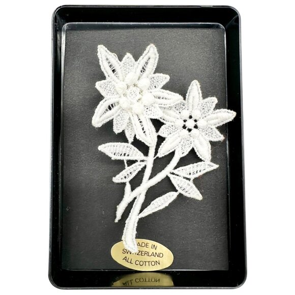 Swiss-Made Edelweiss Lace Brooch Pin All Cotton Floral Design 2 x 2.5 Inches - Picture 1 of 7